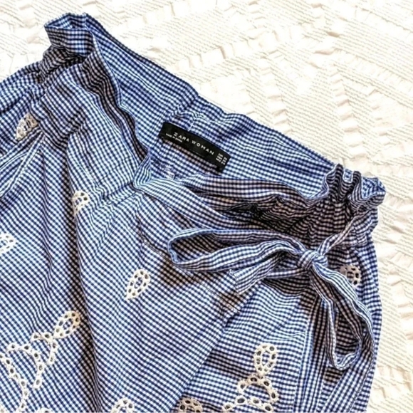 Zara Woman Blue and White Gingham Embroidery Lace Trim Skorts Short Skirt XS - Picture 5 of 9